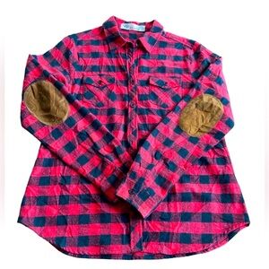 E2 Clothing Women’s Large Red Plaid Farmer’s Casual Button Down Shirt Elbow Pads